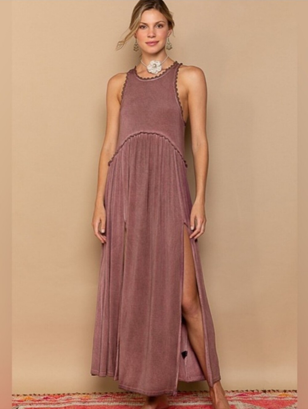 POL Baby Doll Crochet Cut Out Boho Mauve Wash Side Slit Maxi Dress Size Large